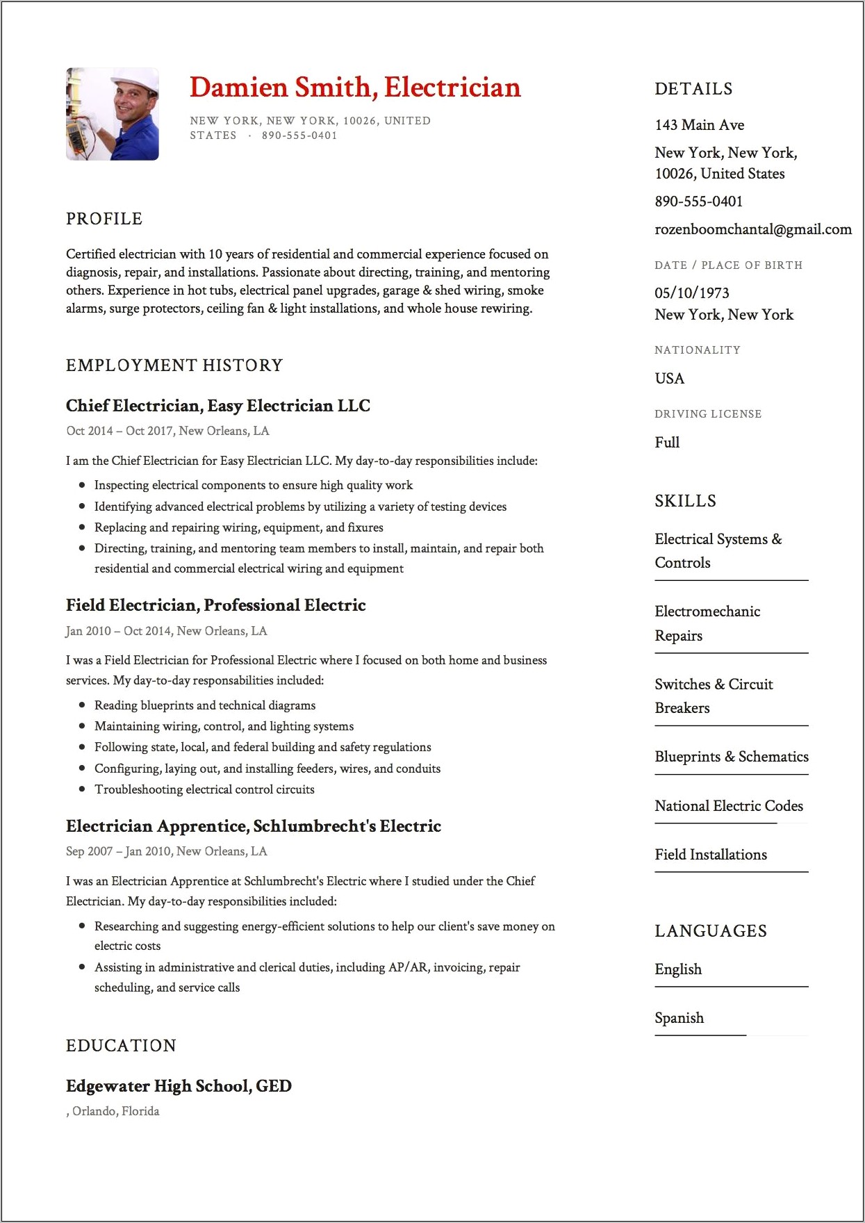 Resume Job Description For Apprentice Electrician