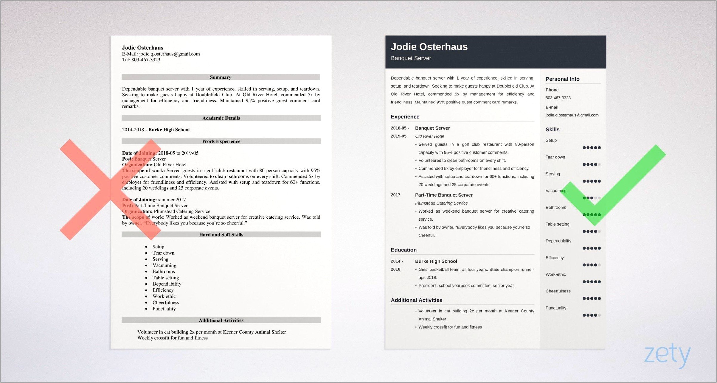 Resume Job Description For Banquet Server