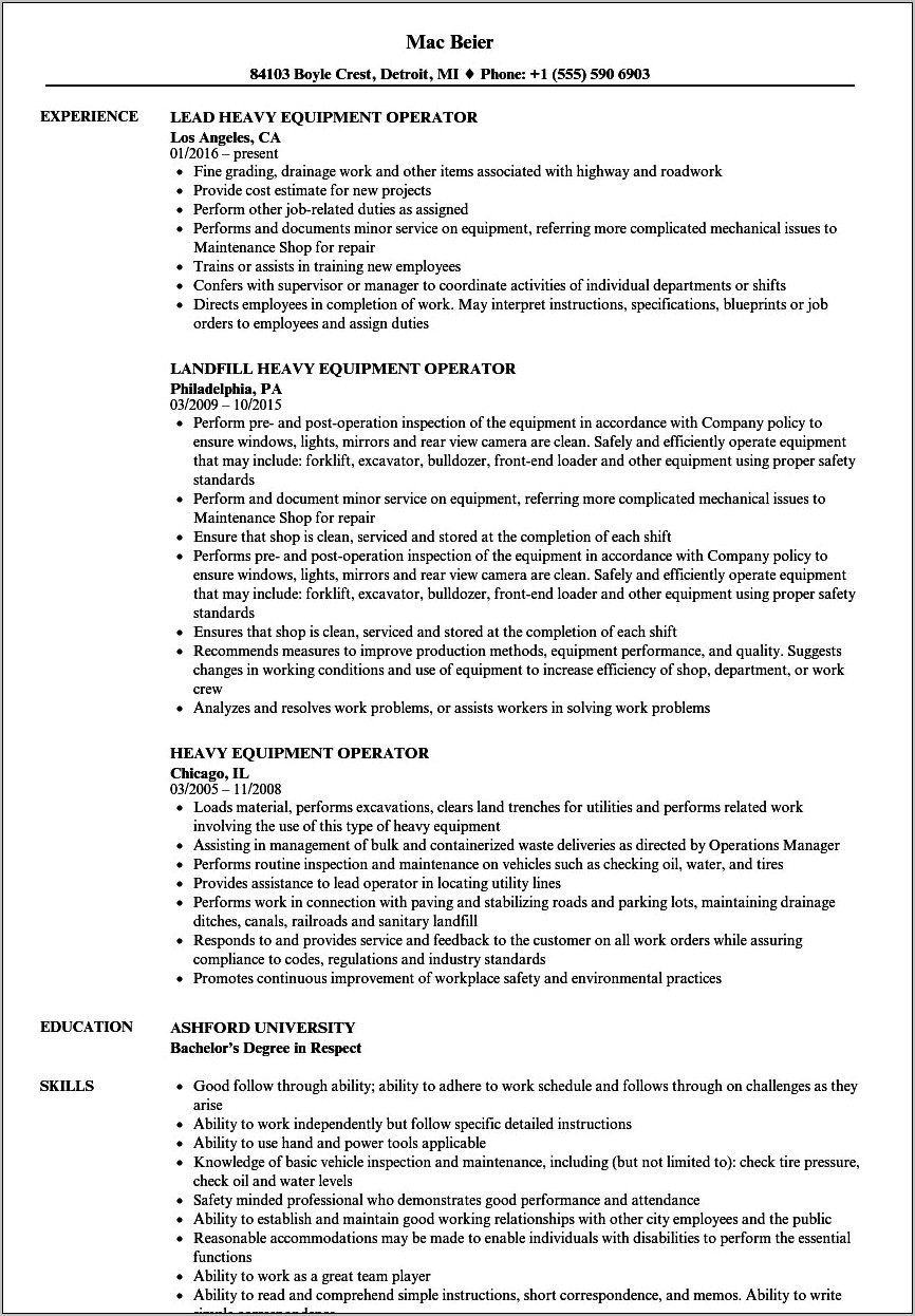 Resume Job Description For Equipment Operator