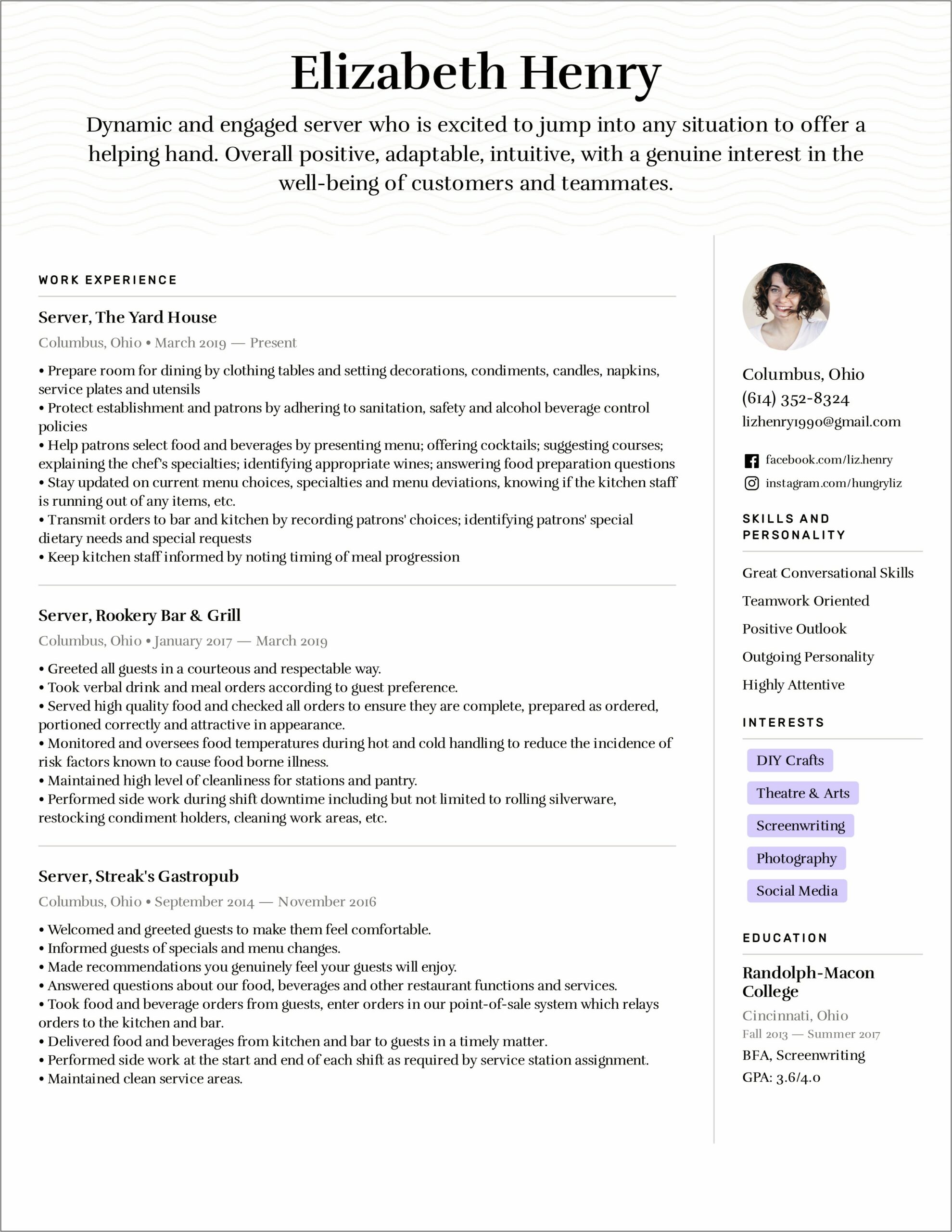 Resume Job Description For Food Server
