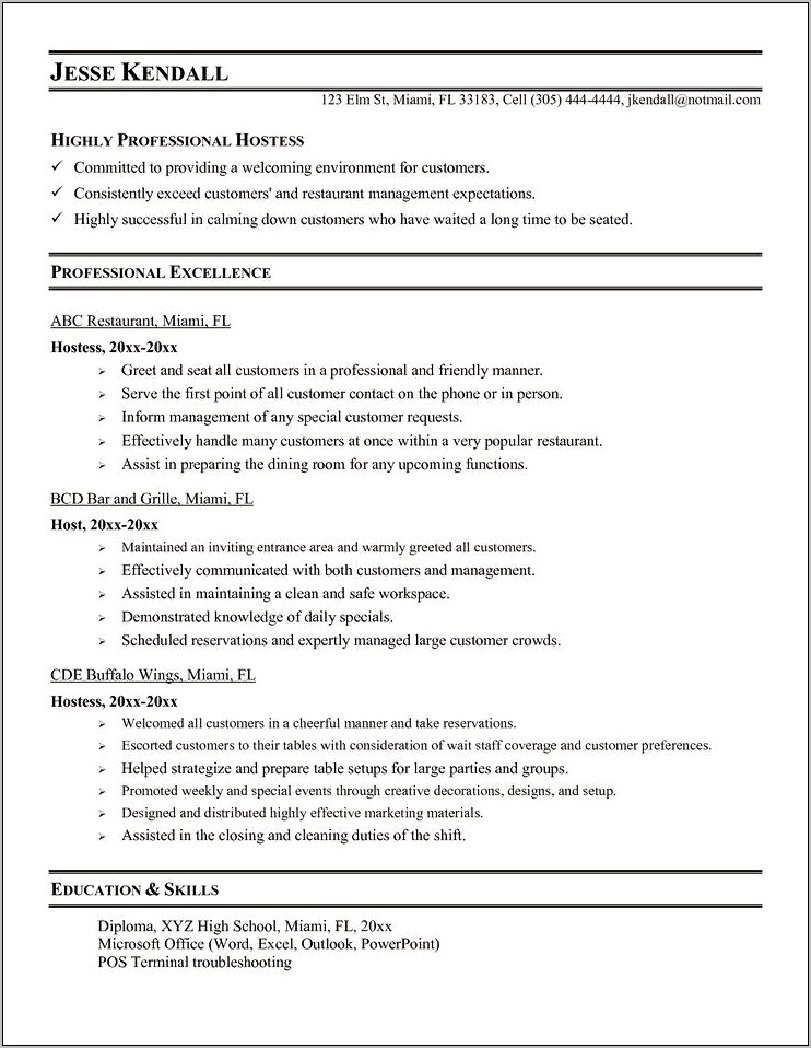 Resume Job Description For Hostess