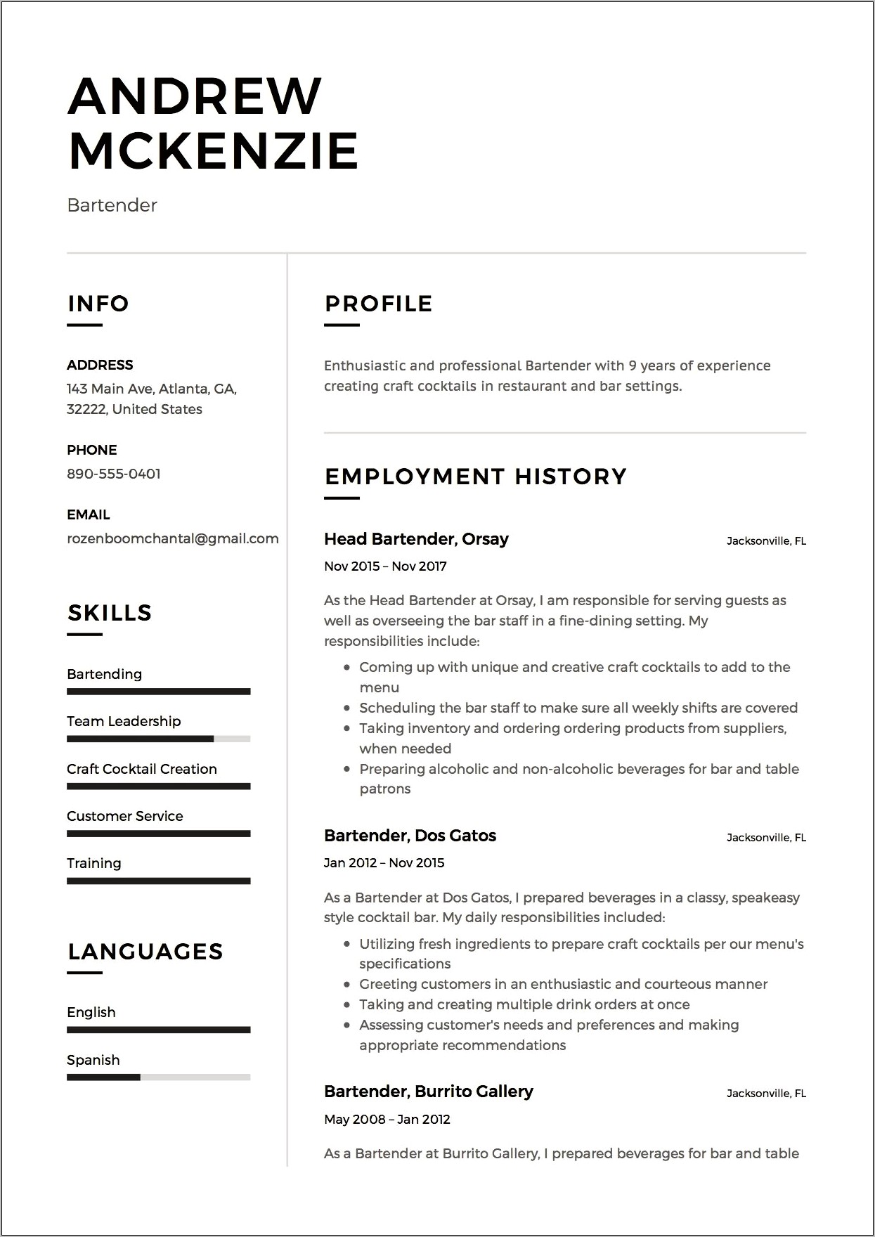 Resume Job Description For Hotel Bartender