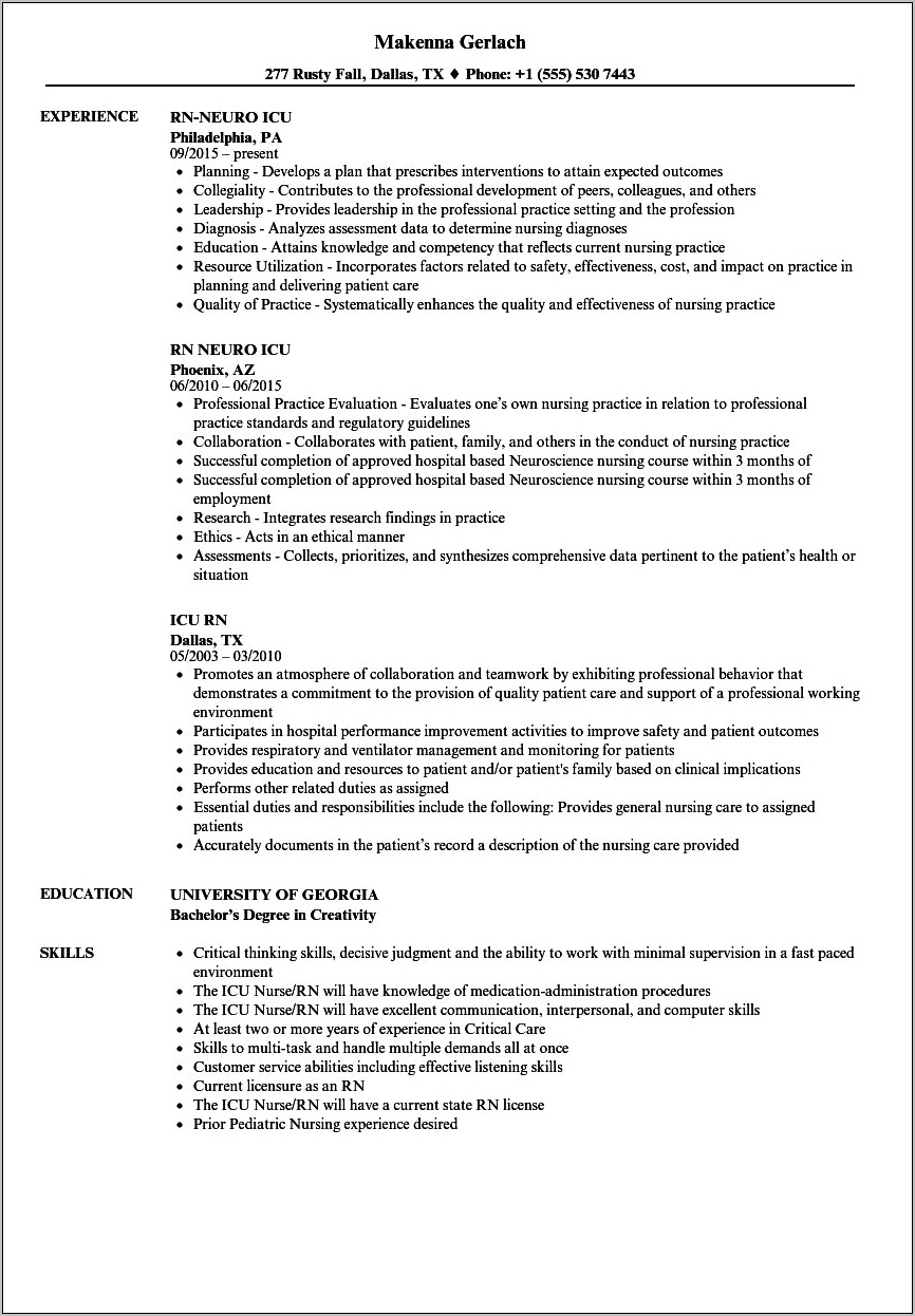 Resume Job Description For Icu Nurse