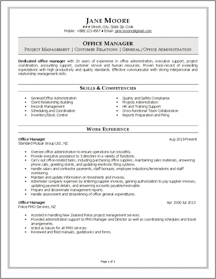 Resume Job Description For Office Manager