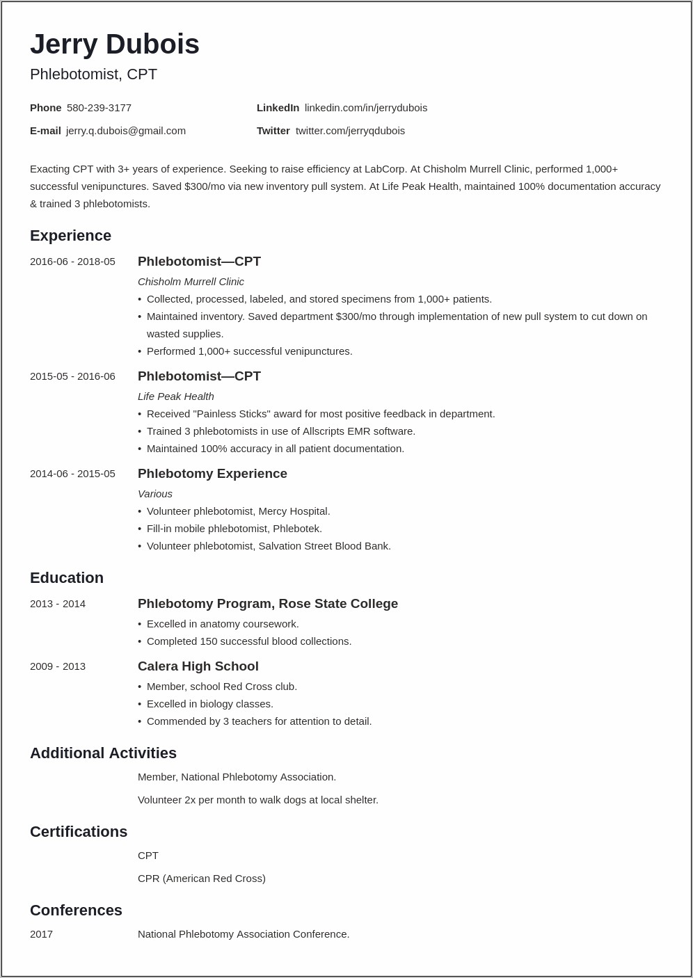 Resume Job Description For Phlebotomist