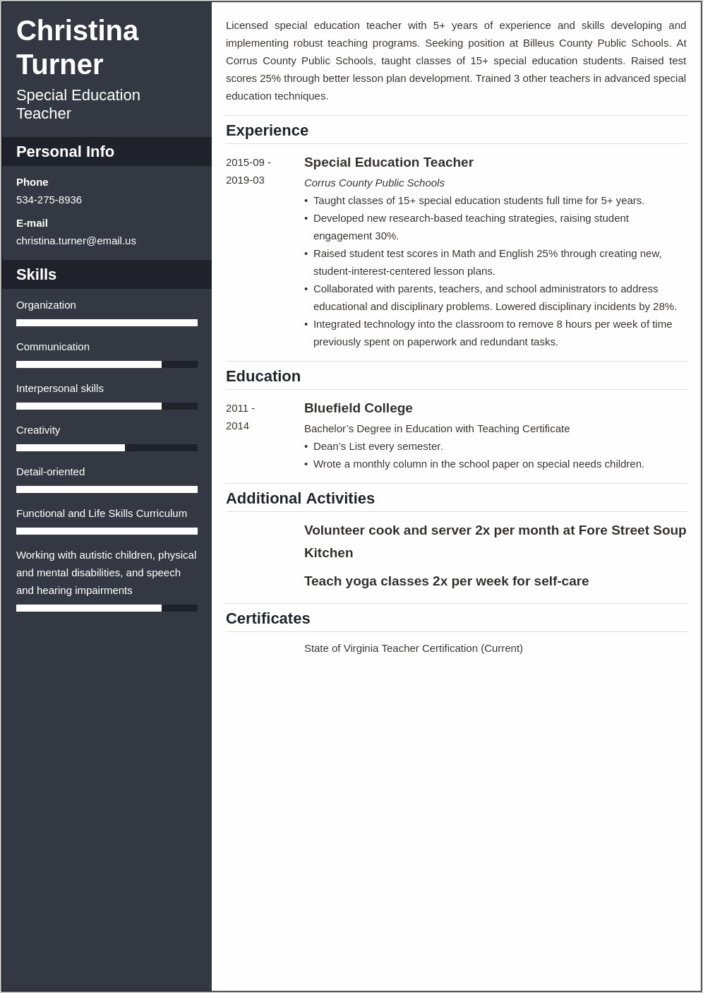 Resume Job Description For Special Education Teacher