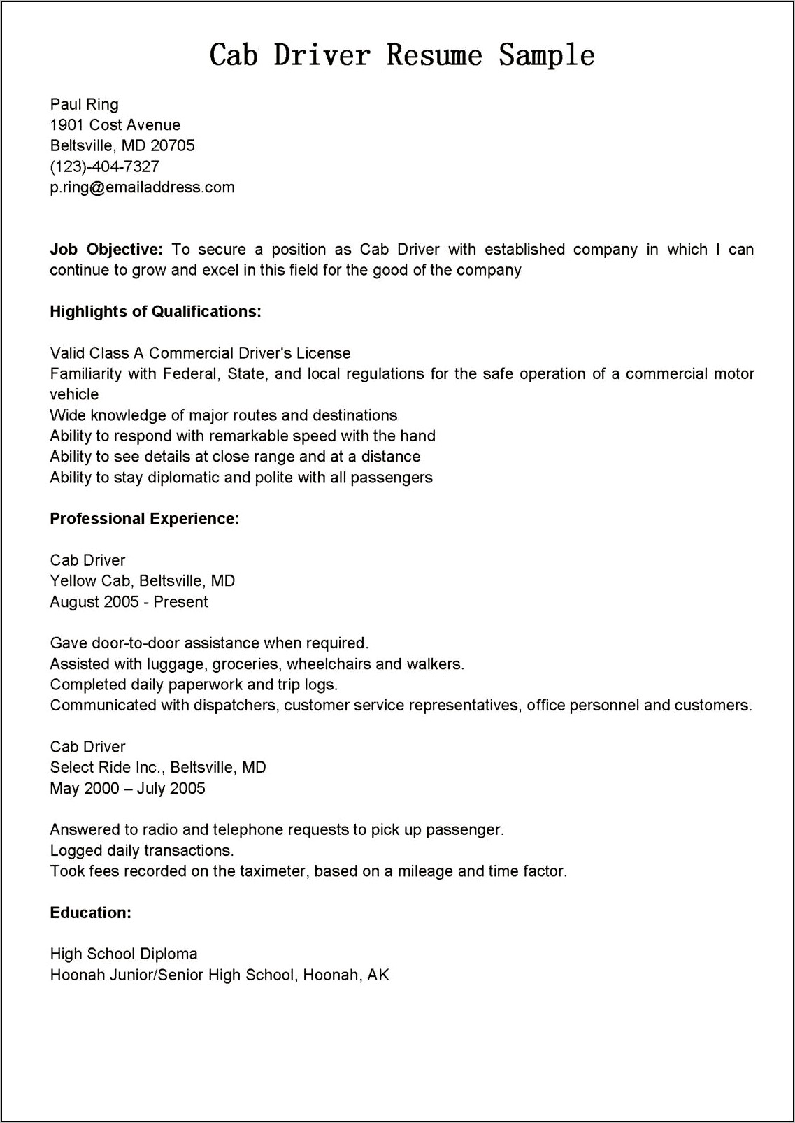 Resume Job Description For Taxi Driver