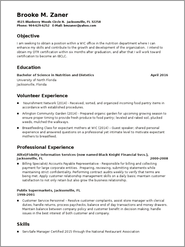 Resume Job Description For Wic Nutritionist