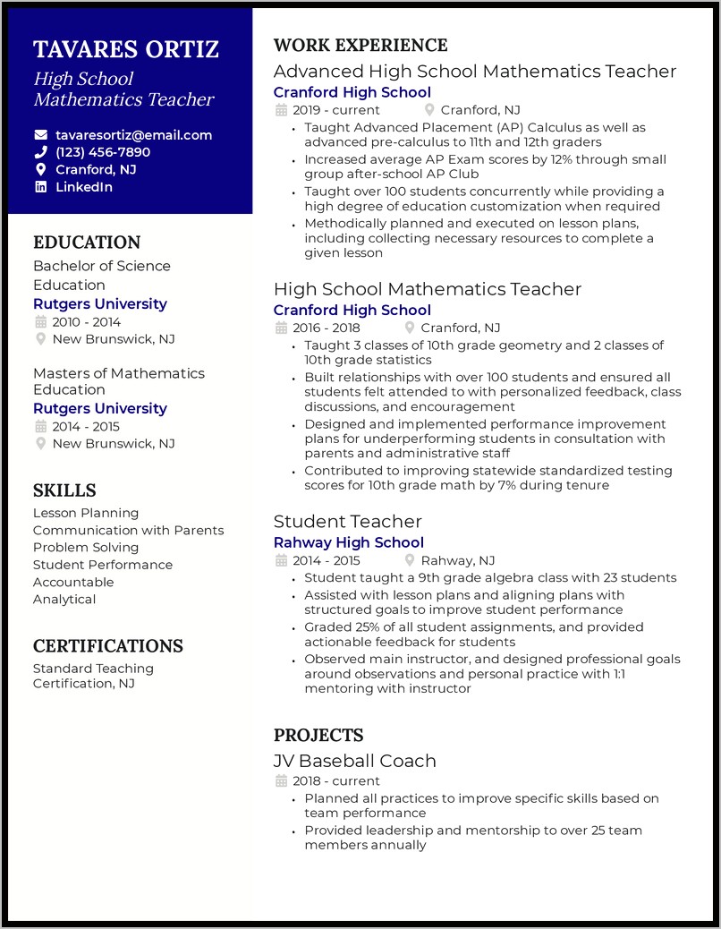 Resume Job Descriptions For Math Teachers