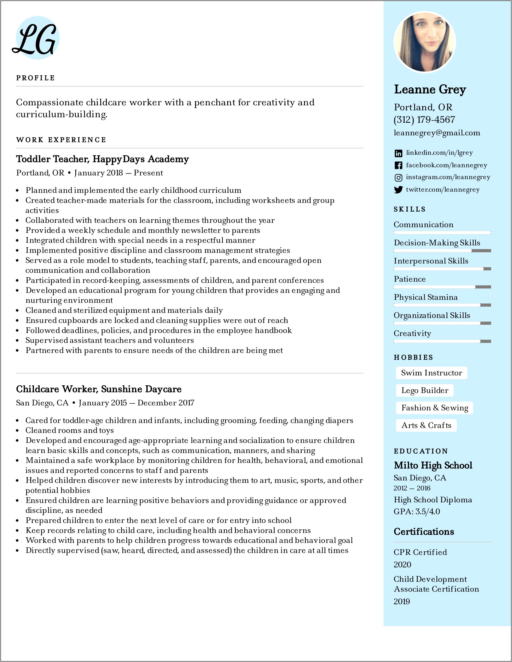 Resume Job Duties For Daycare Attendant