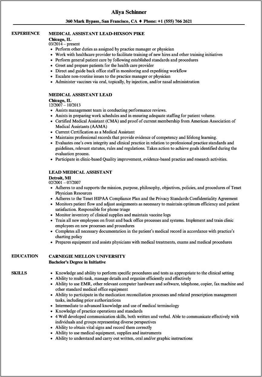 Resume Job Responsibilities Examples Medical Assistant