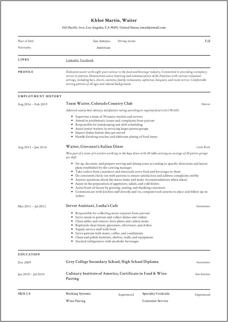 Resume Looking For A Waitress Job