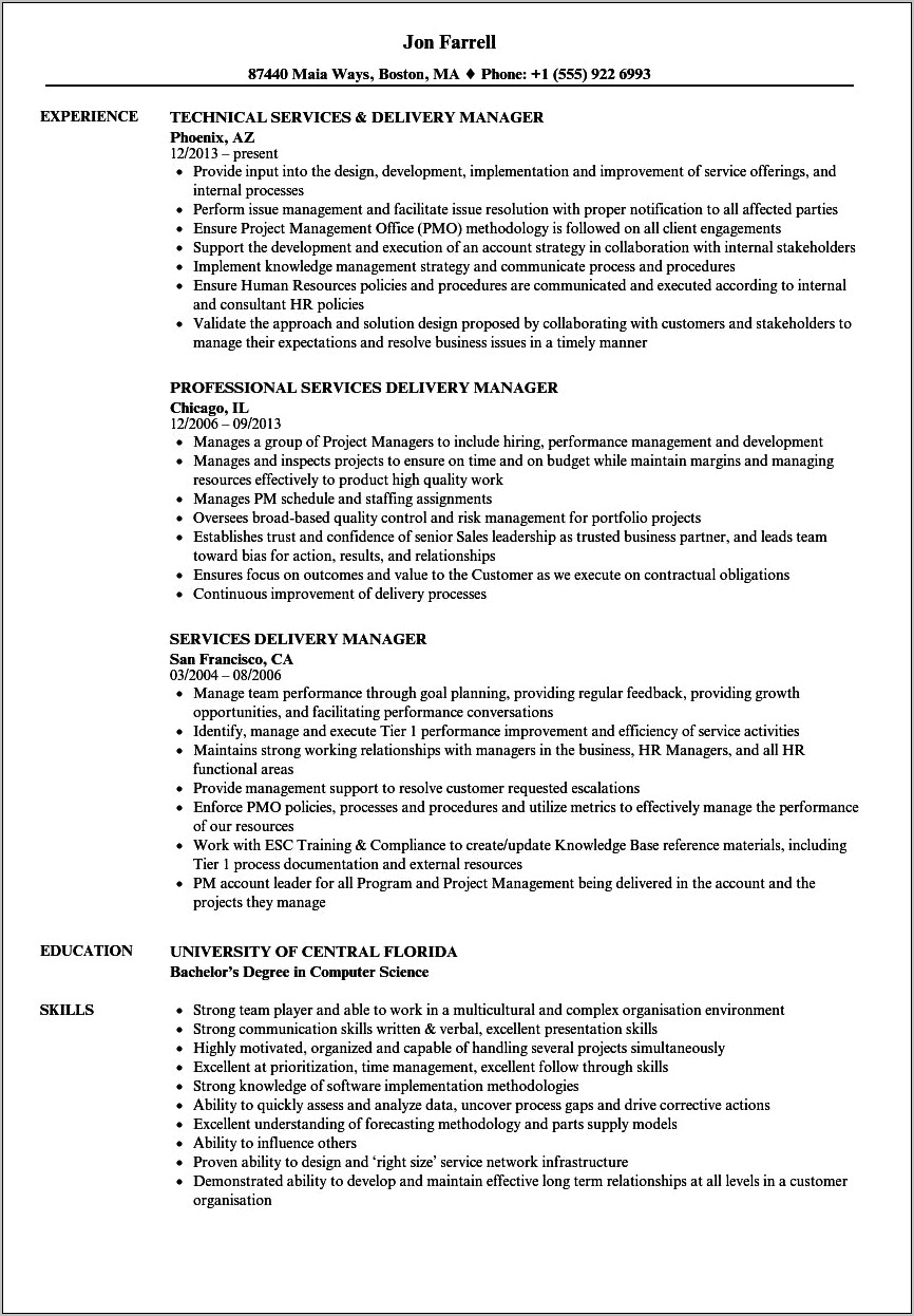 Resume Meals Service Delivery Manager