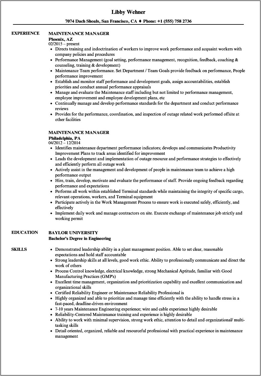 Resume Mission Statement For Medical Facility Maintenance Manager