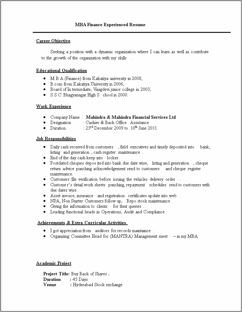 Resume Models For Mba Finance Experience
