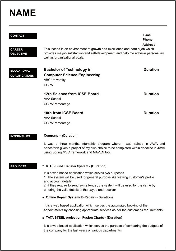 Resume Models In Word Format For Freshers
