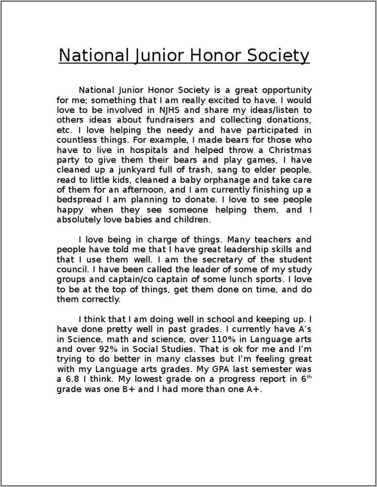 Resume National Honor Society Recommendation Letter