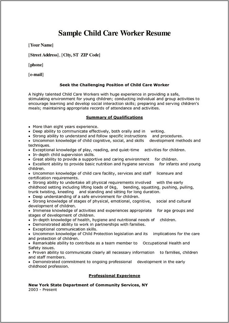 Resume Objection For Child Care Position