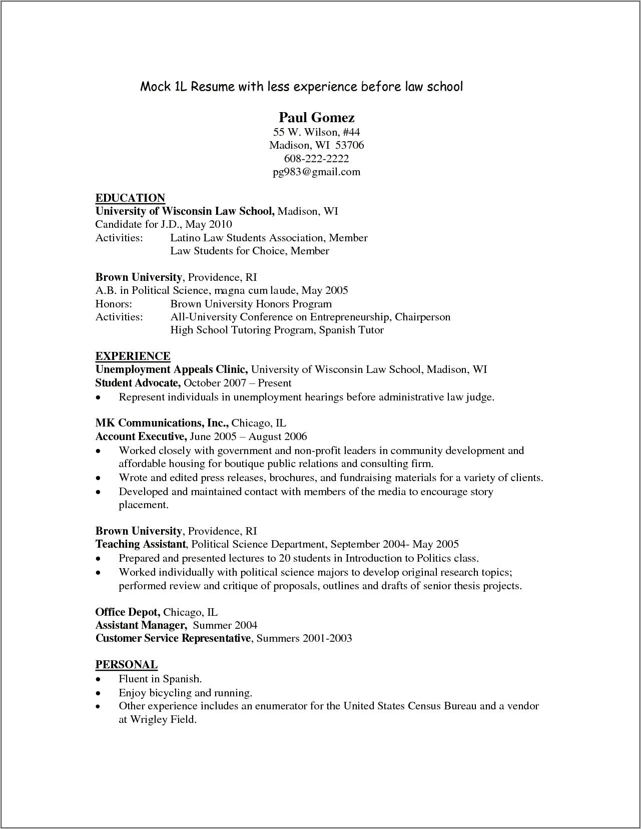 Resume Objective About Law School