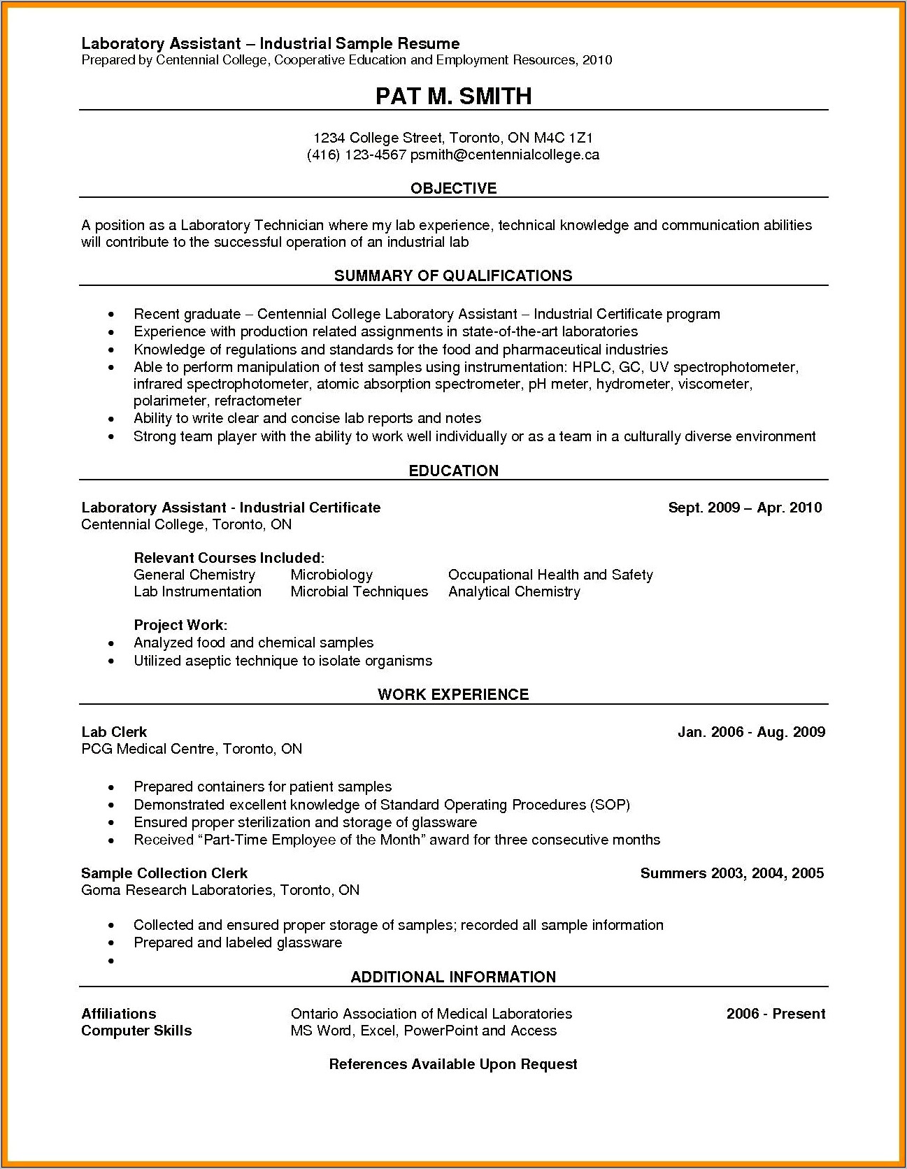 Resume Objective About Working In A Laboratory