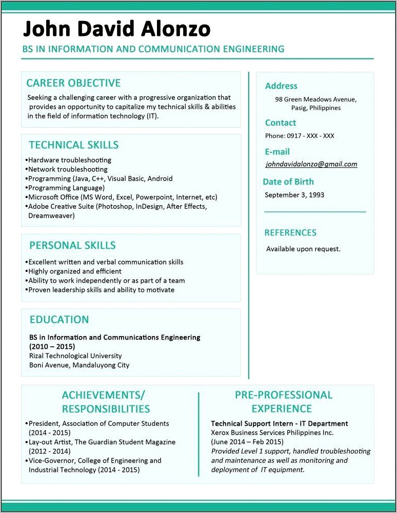 Resume Objective College Student Computer Engineering