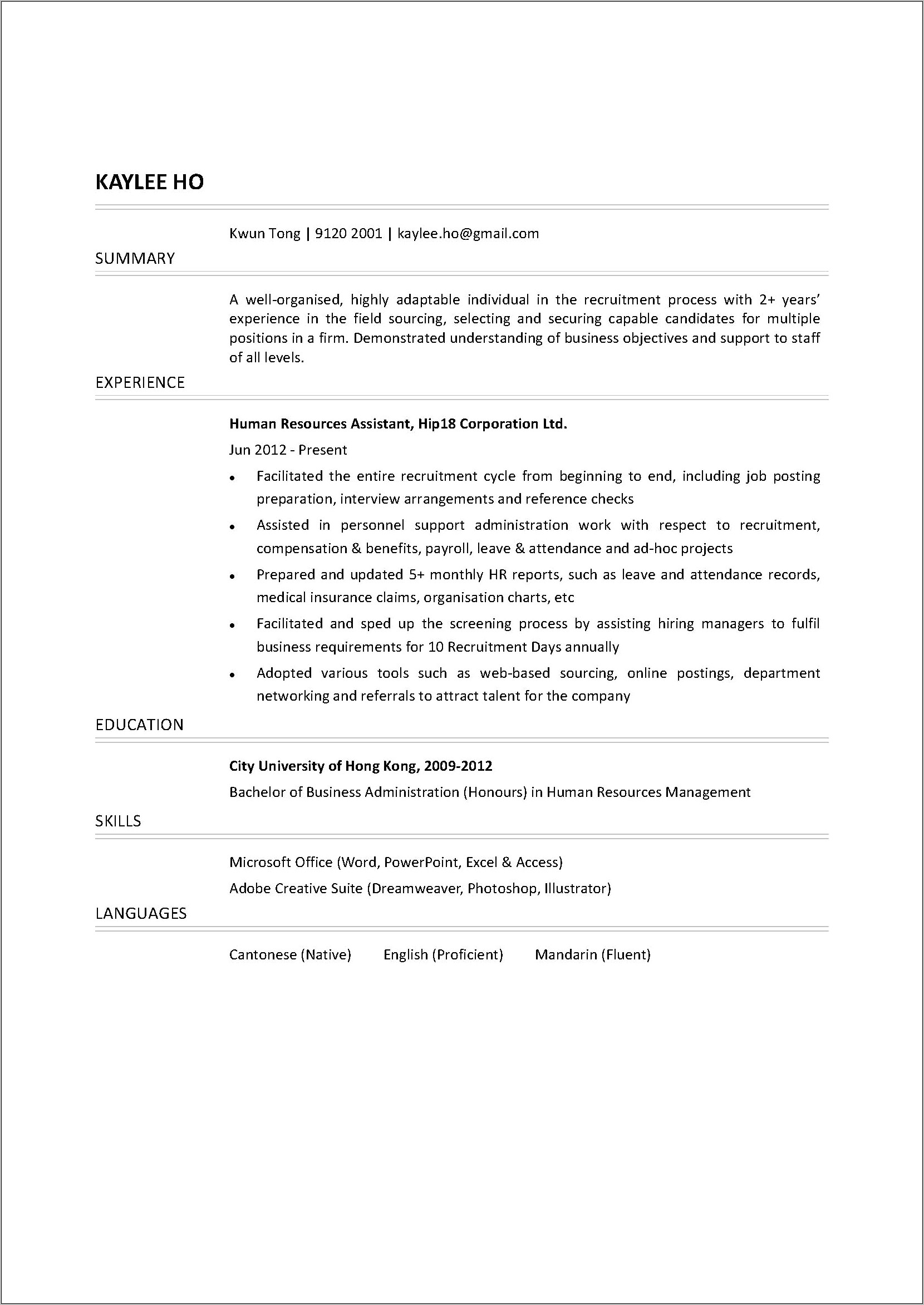 Resume Objective Entry Level Human Resources