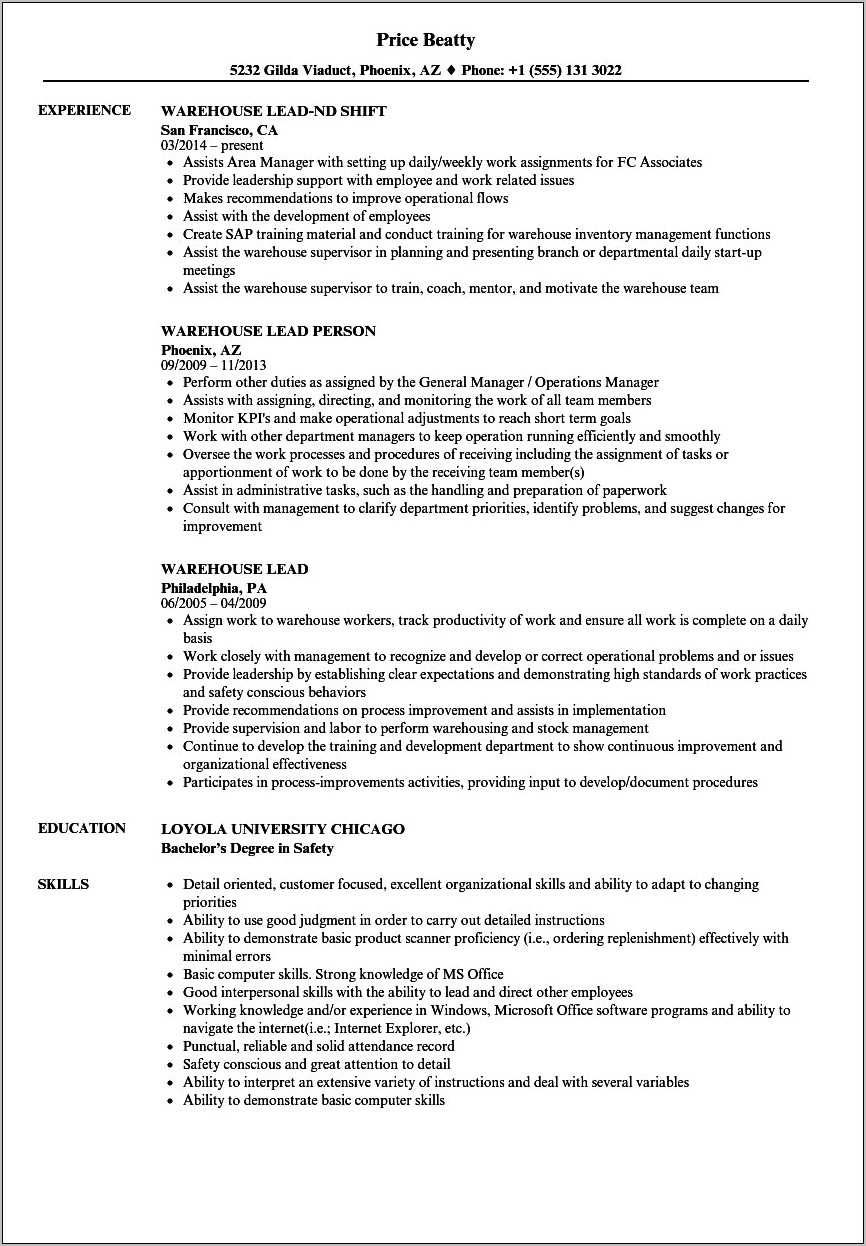 Resume Objective Example For A Warehouse