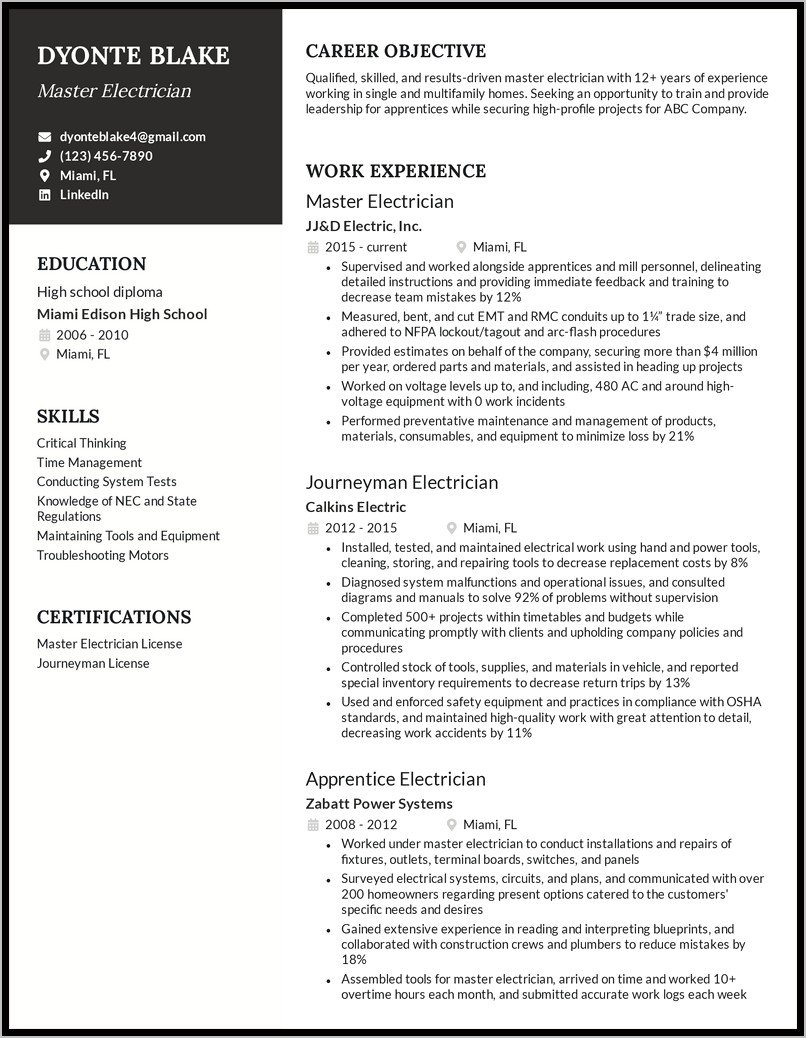 Resume Objective Example For Journeyman Electrician