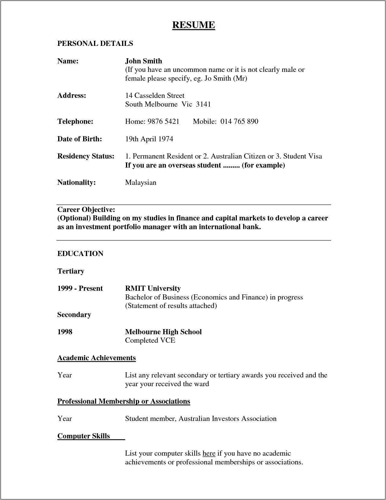 Resume Objective Example For No Experience