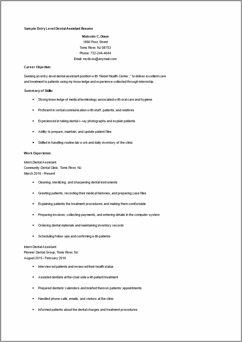 Resume Objective Examples Entry Level Dental Laboratory