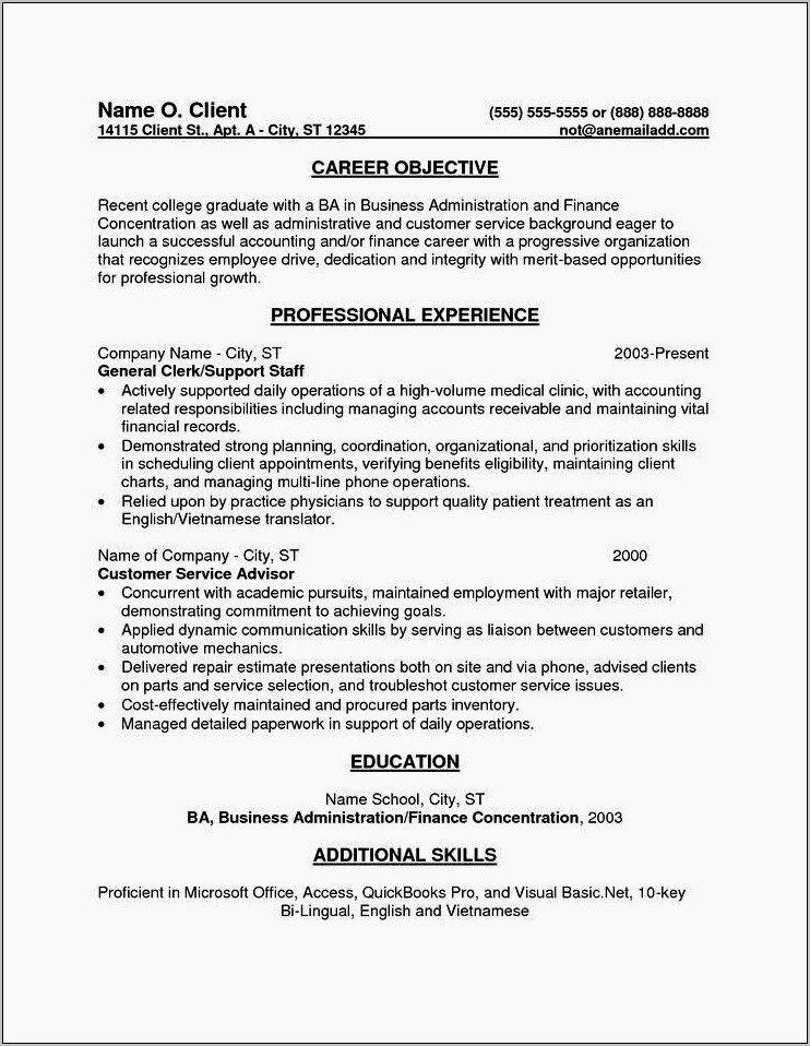 Resume Objective Examples Entry Level Finance