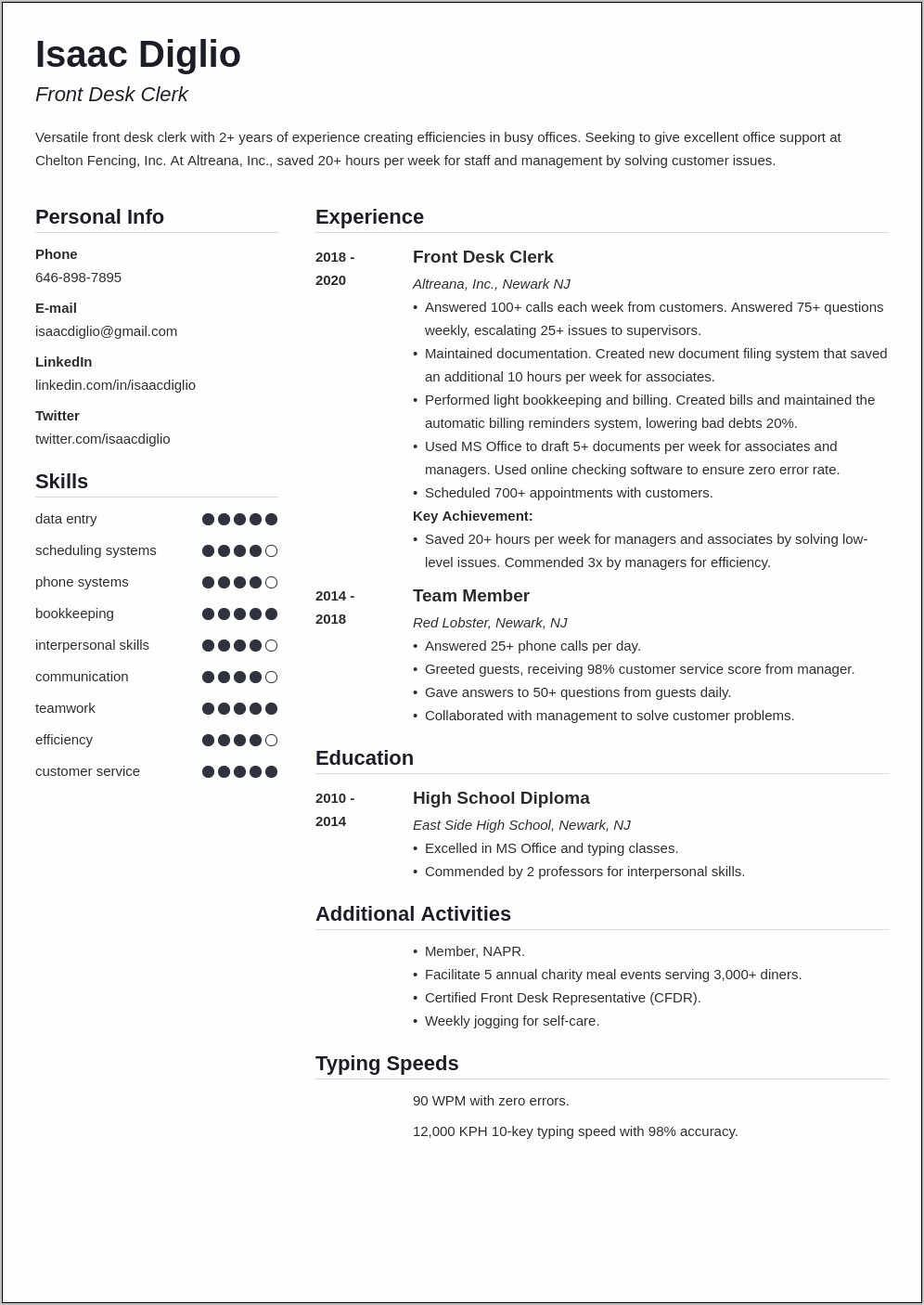 Resume Objective Examples Entry Level Receptionist