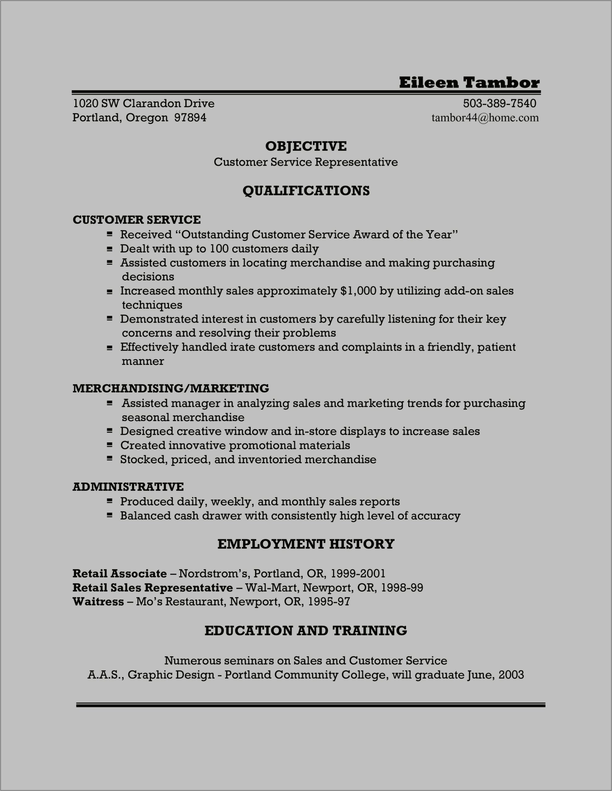 Resume Objective Examples Entry Level Retail