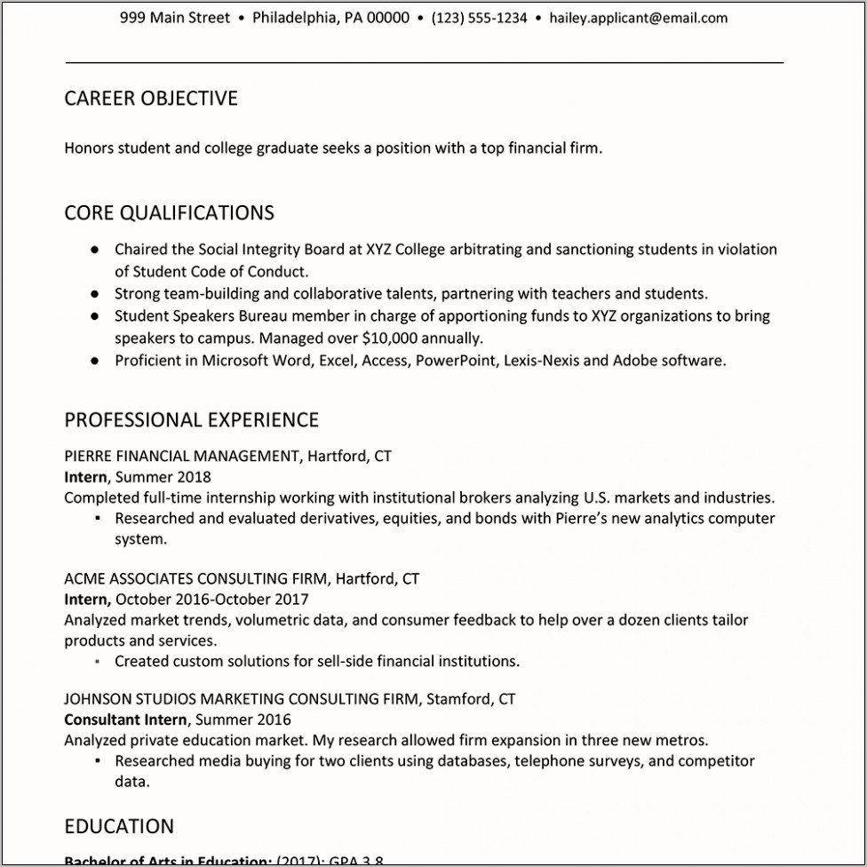 Resume Objective Examples For A College Student