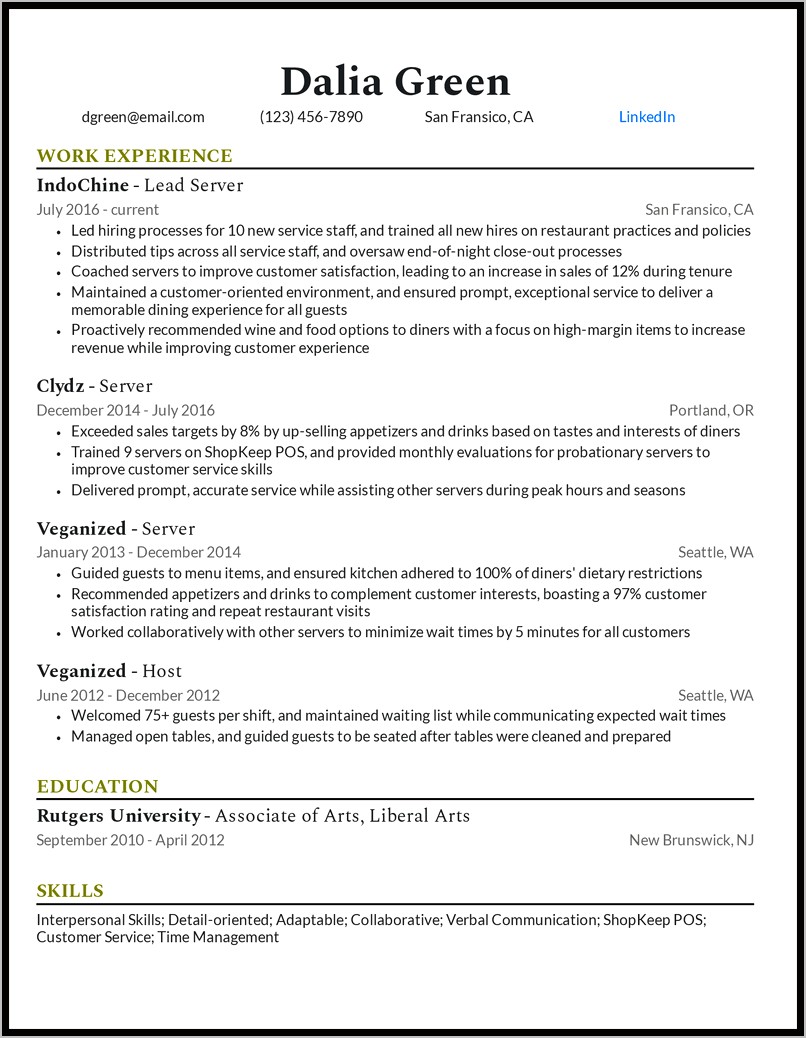 Resume Objective Examples For A Server