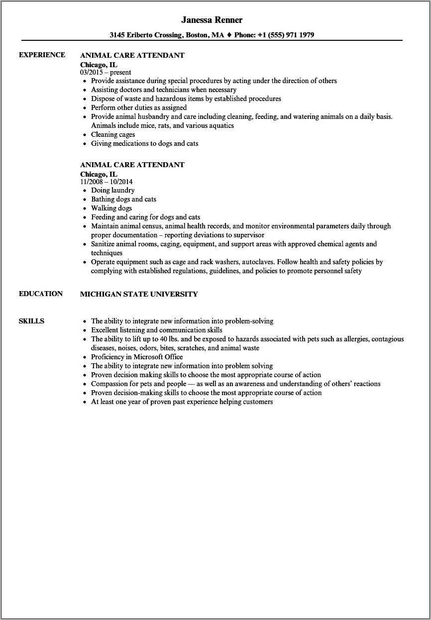 Resume Objective Examples For Animal Care