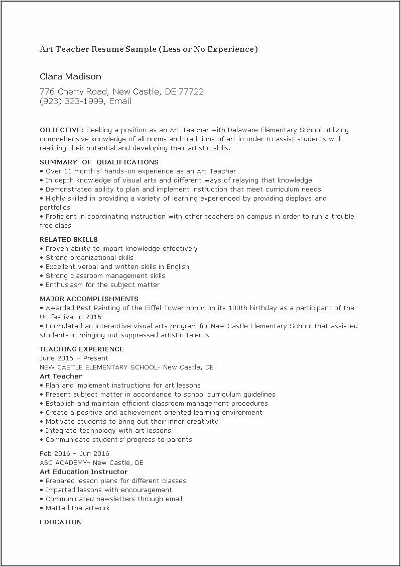 Resume Objective Examples For Artists