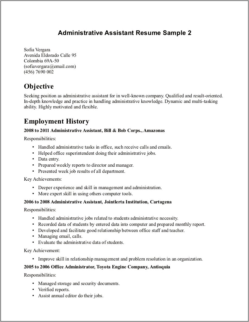 Resume Objective Examples For Assistant Manager