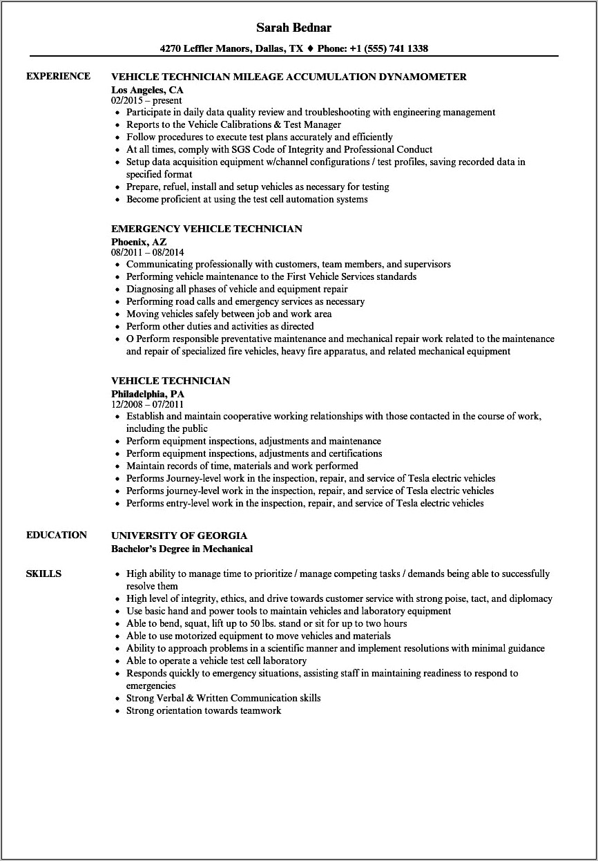 Resume Objective Examples For Automotive Technician