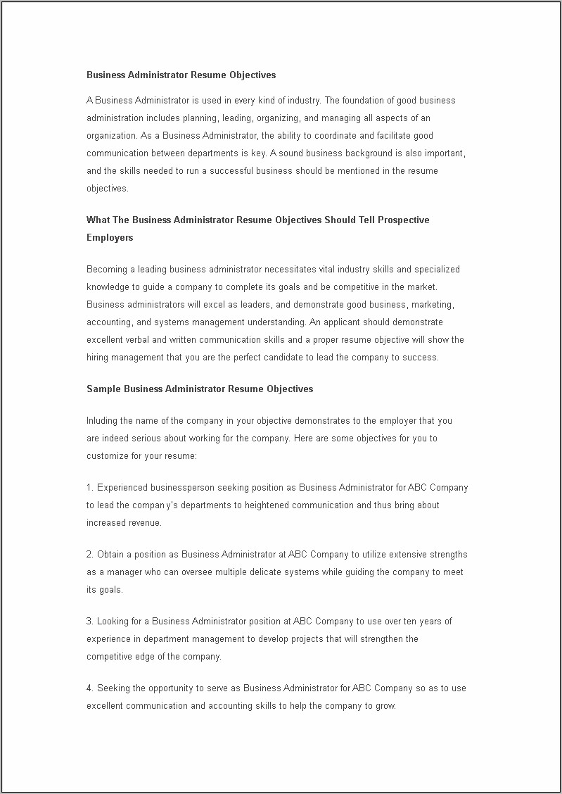 Resume Objective Examples For Business Management