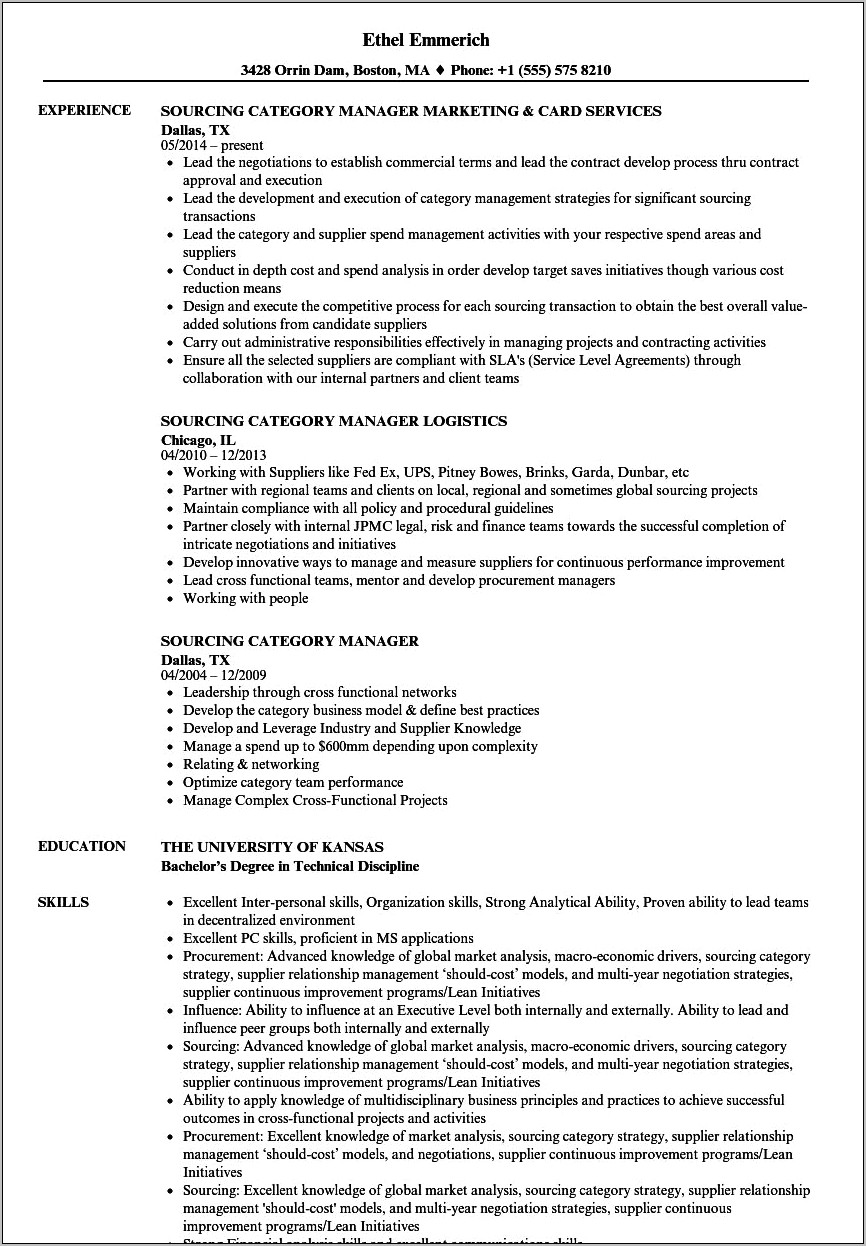 Resume Objective Examples For Category Manager