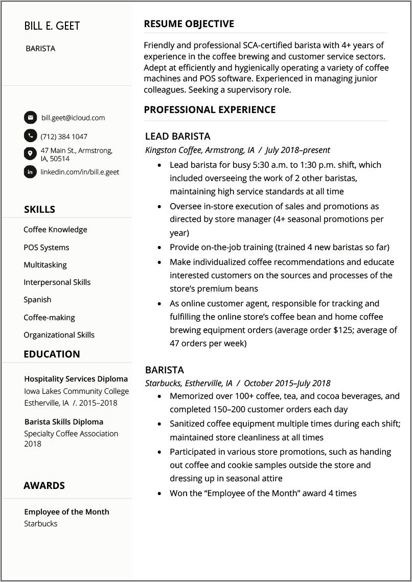 Resume Objective Examples For Coffee Shop