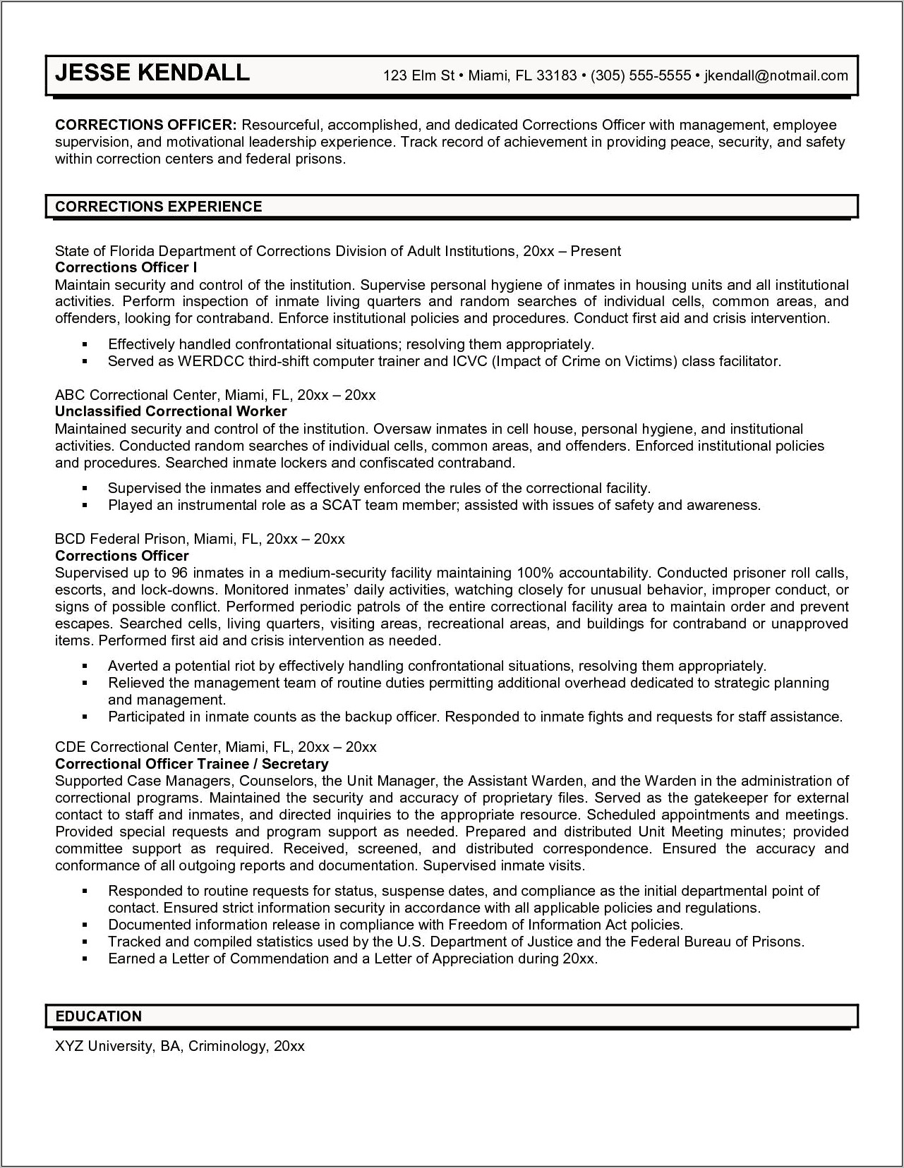 Resume Objective Examples For Correctional Officer