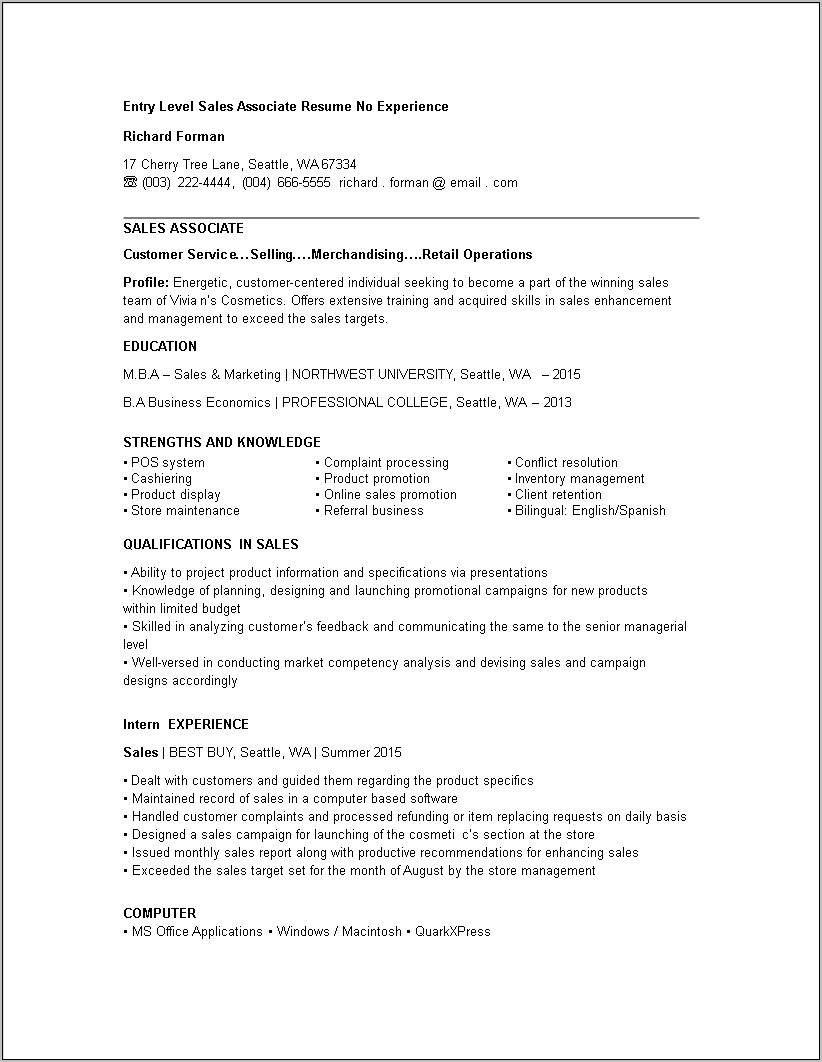 Resume Objective Examples For Entry Level Sales