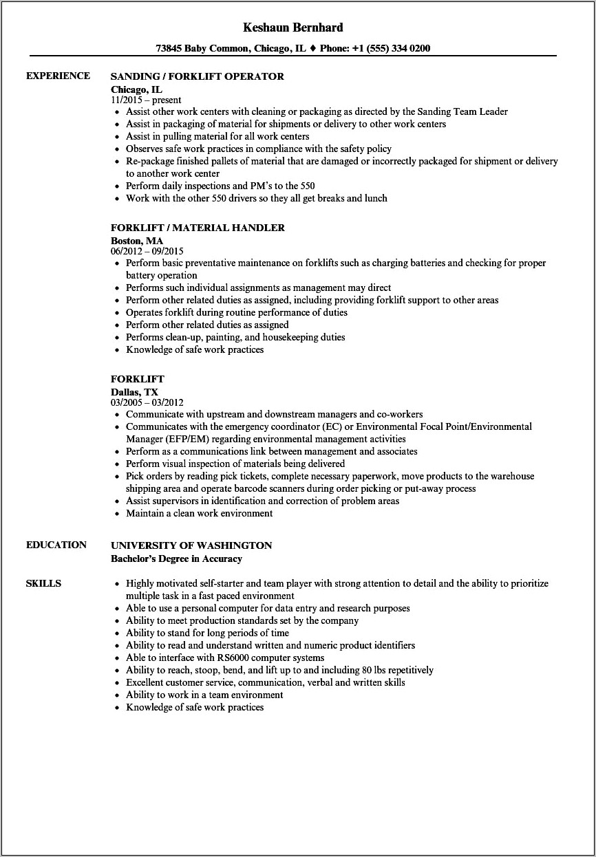 Resume Objective Examples For Forklift
