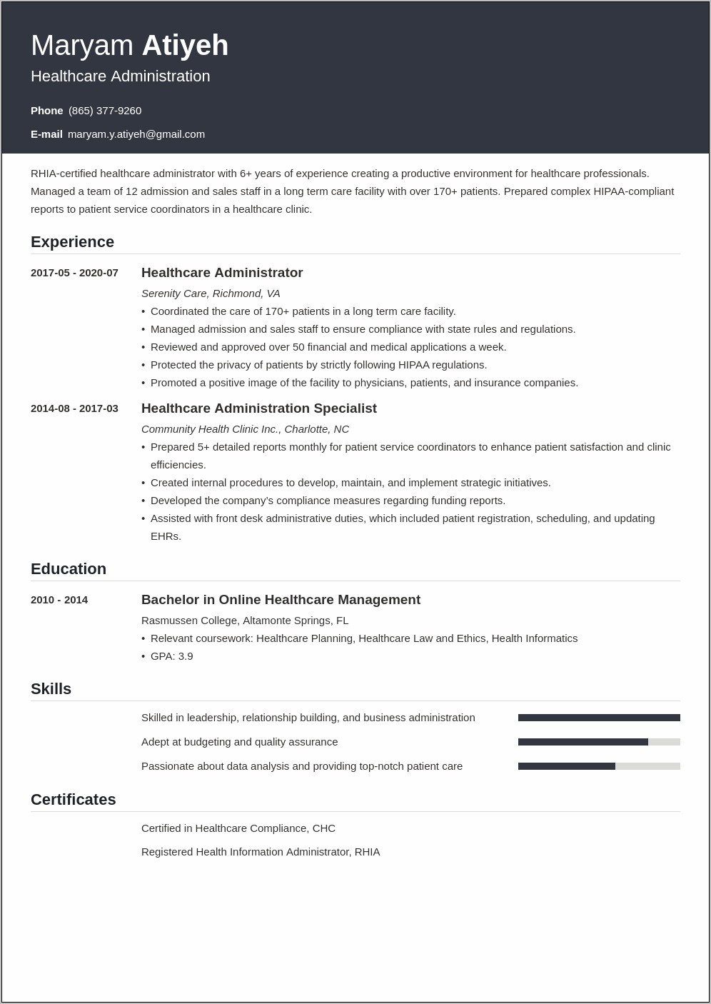 Resume Objective Examples For Healthcare Management