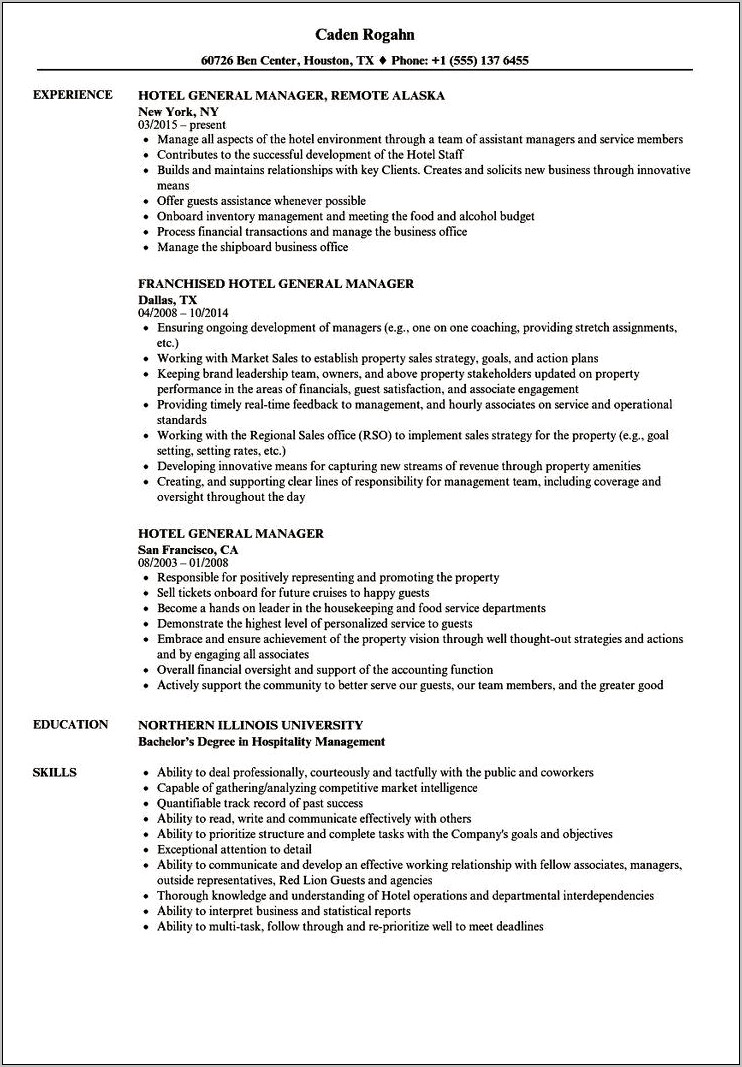Resume Objective Examples For Hotel General Manager
