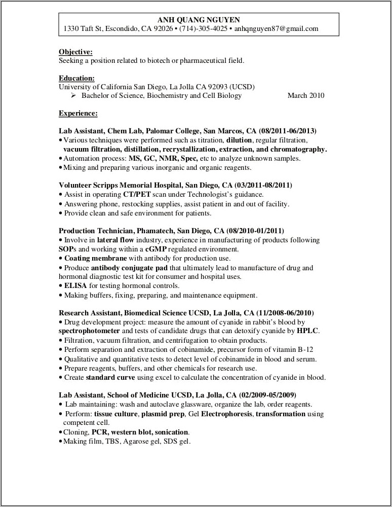 Resume Objective Examples For Lab Assistant