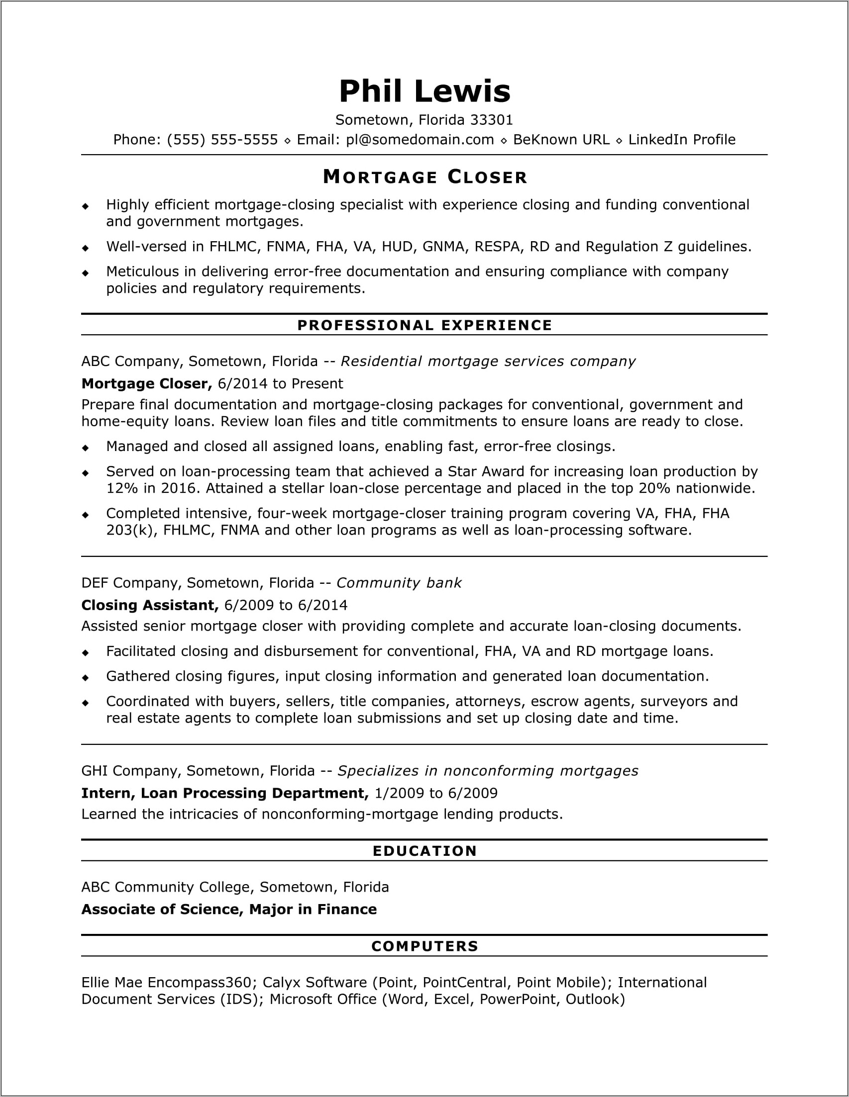 Resume Objective Examples For Mortgage Processor