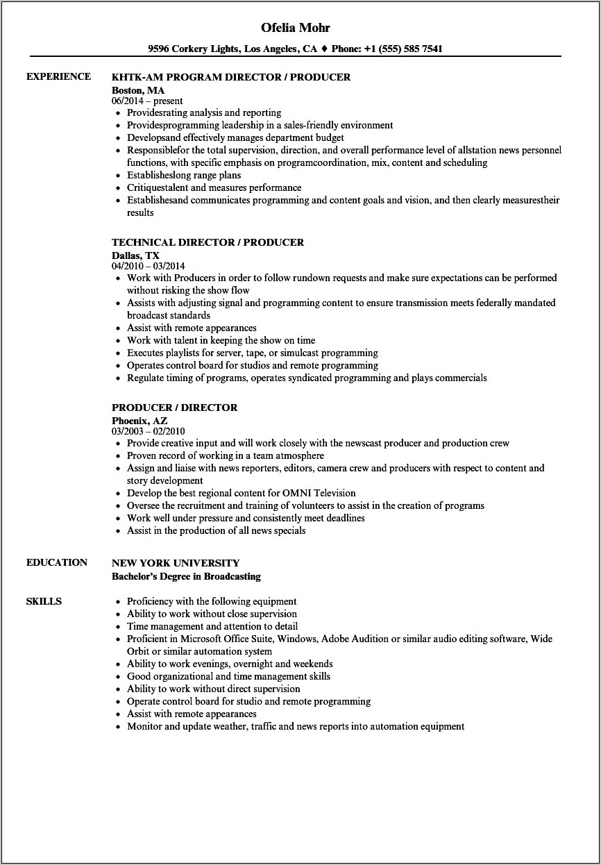 Resume Objective Examples For News Producer